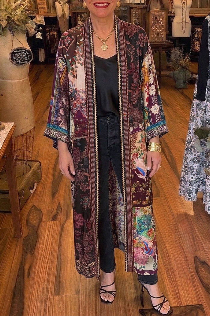 Reversible Patchwork Floral Long Silk Kimono