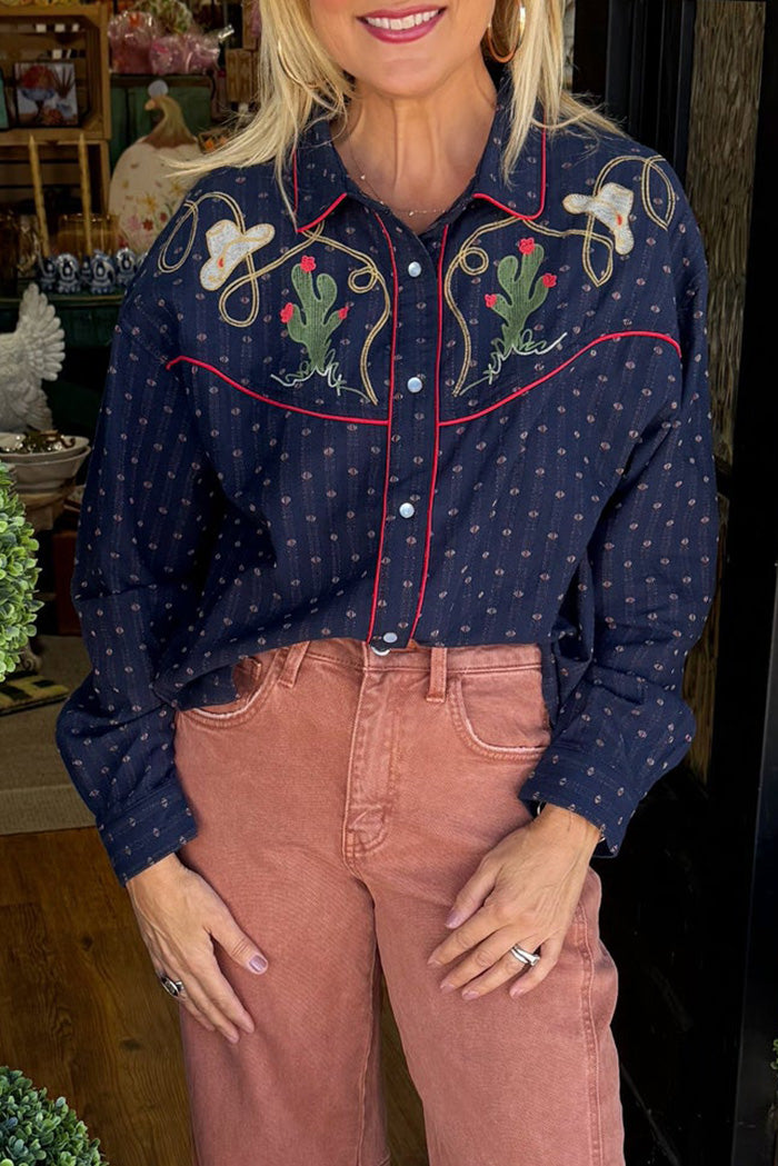 Navy Polka Dot Cactus Embroidered Top