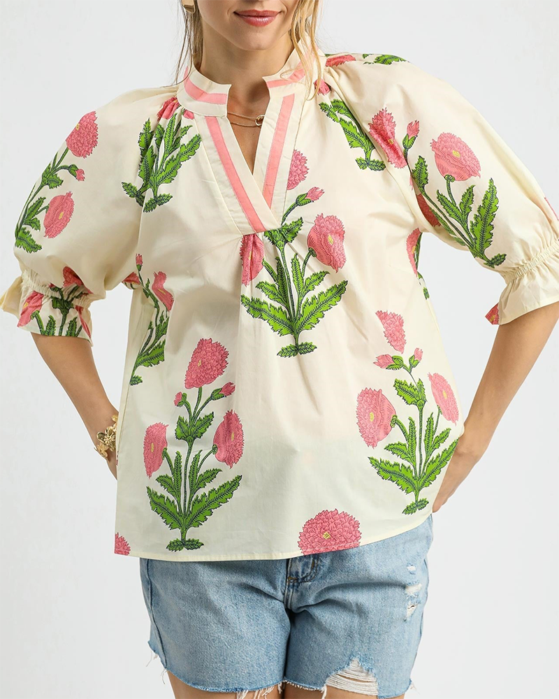 V-Neck Ruffle Sleeve Floral Top
