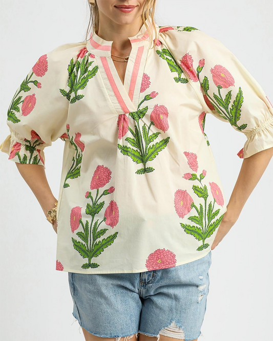 V-Neck Ruffle Sleeve Floral Top