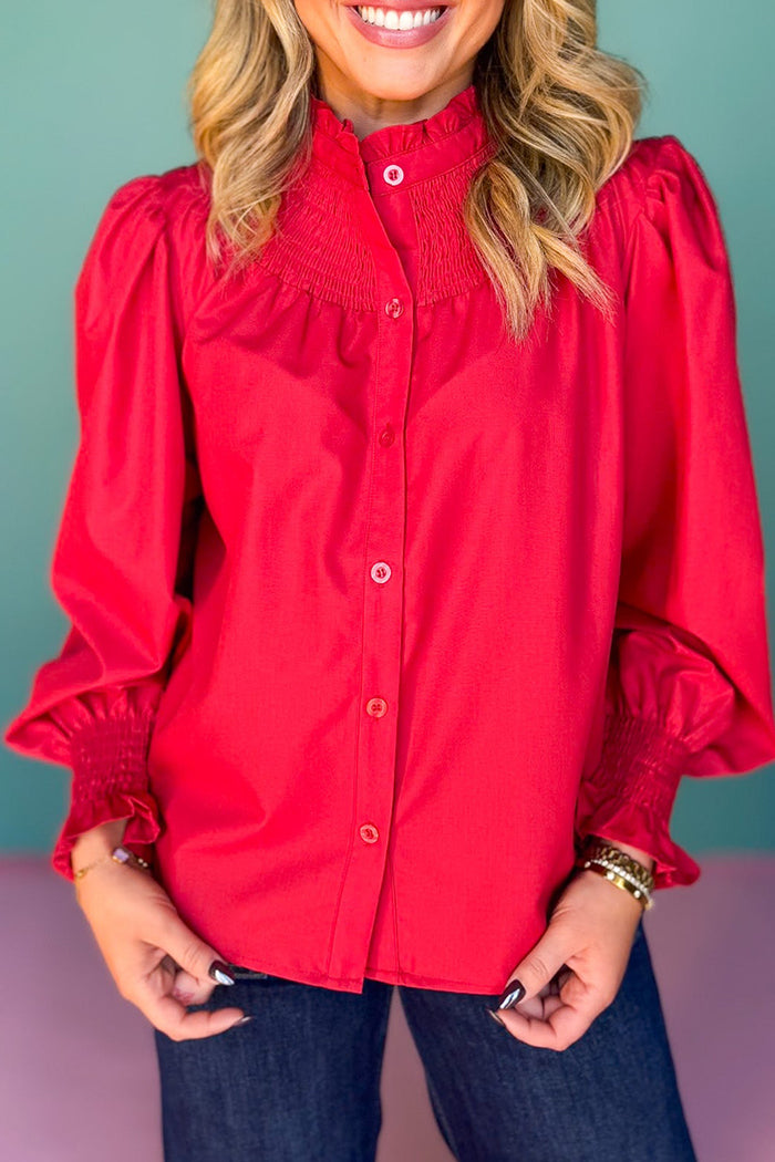 Button-Front Long Sleeve Blouse