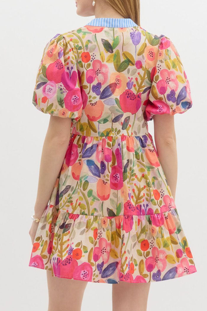 Floral Puff Sleeve Pocket Dress