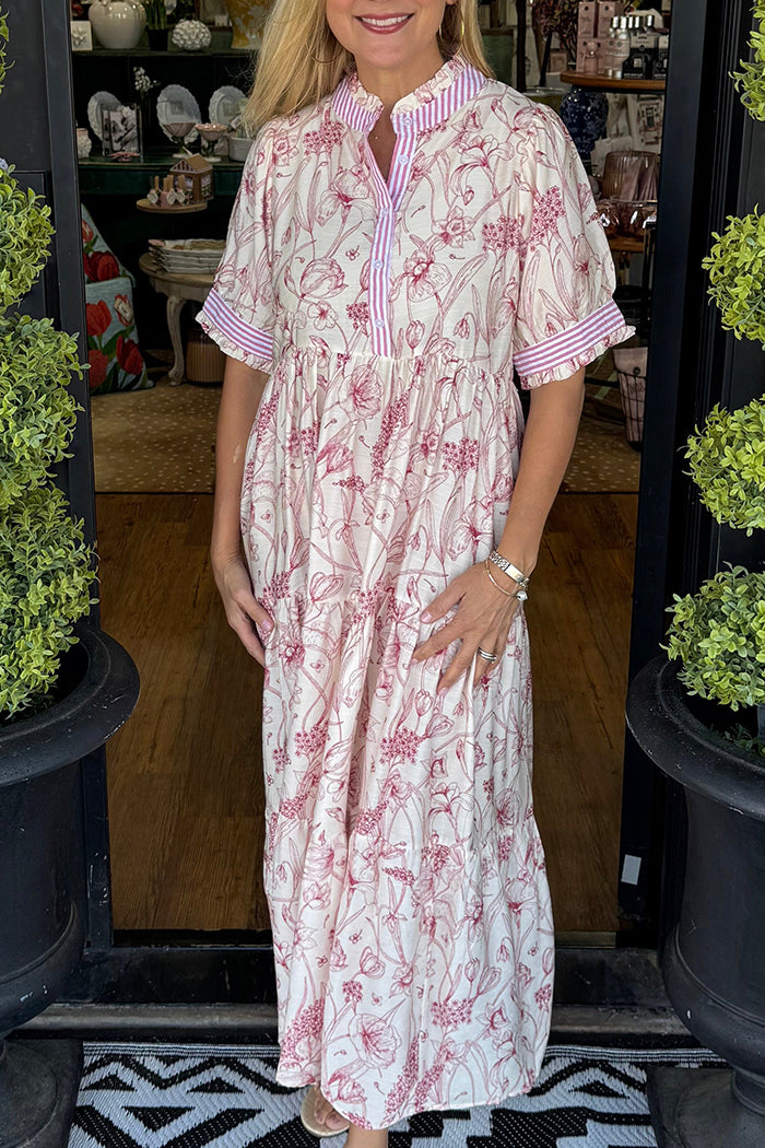 Contrast Collar Floral Short Sleeve Dress