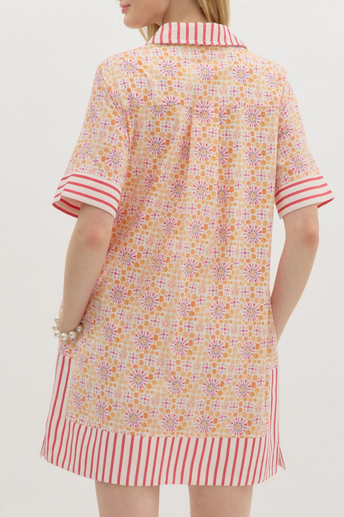 Abstract Floral Stripe Trim Pocket Dress