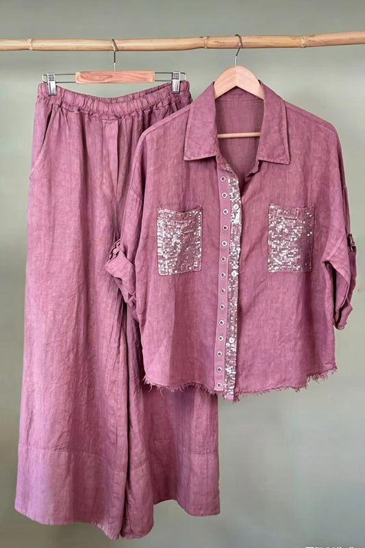 Sequin Pocket Button Down Wide Leg Pants Set