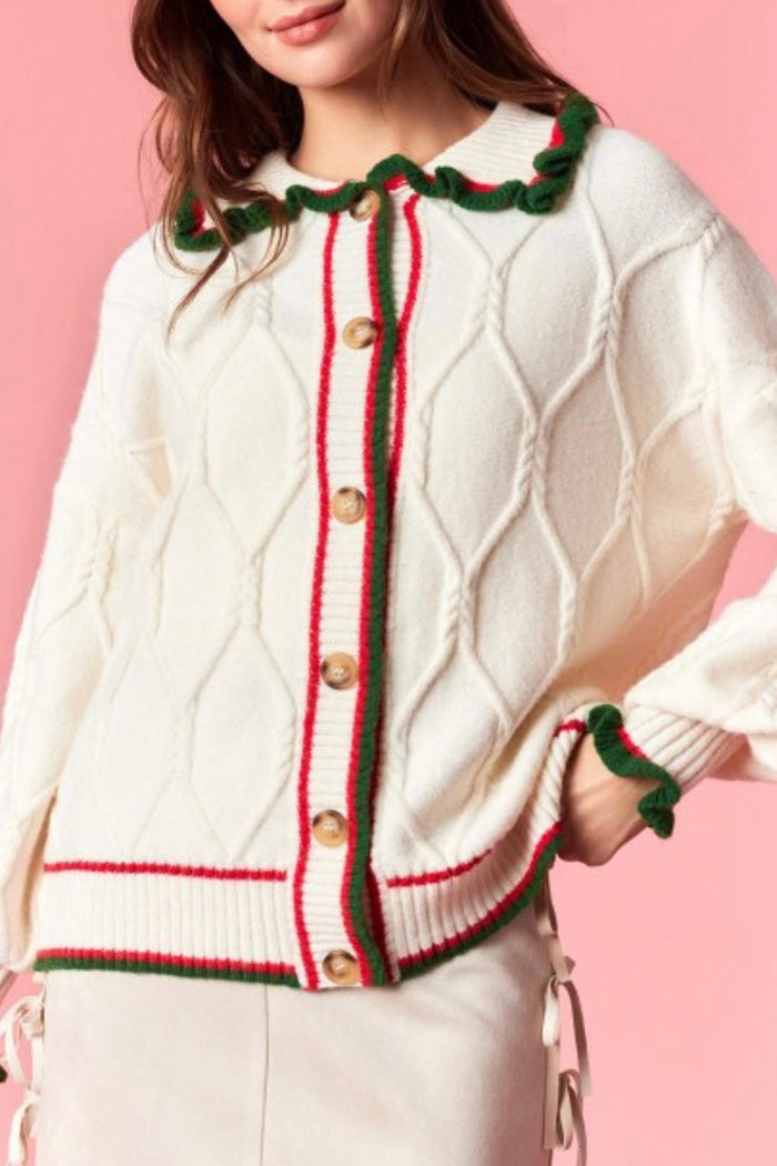 Button front Ruffle Cable Knit Cardigan
