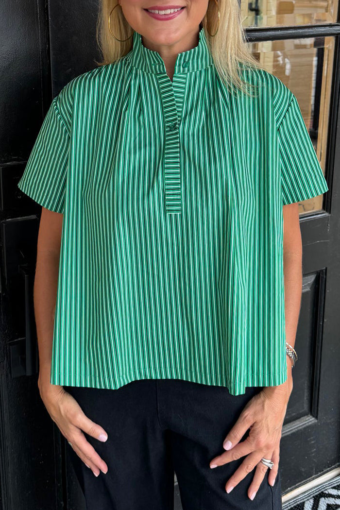 Half Placket Vertical Stripe Short Sleeve Top