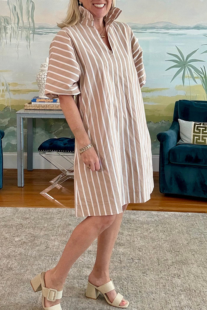 Khaki Striped Ruffle Collar Shirt Dress