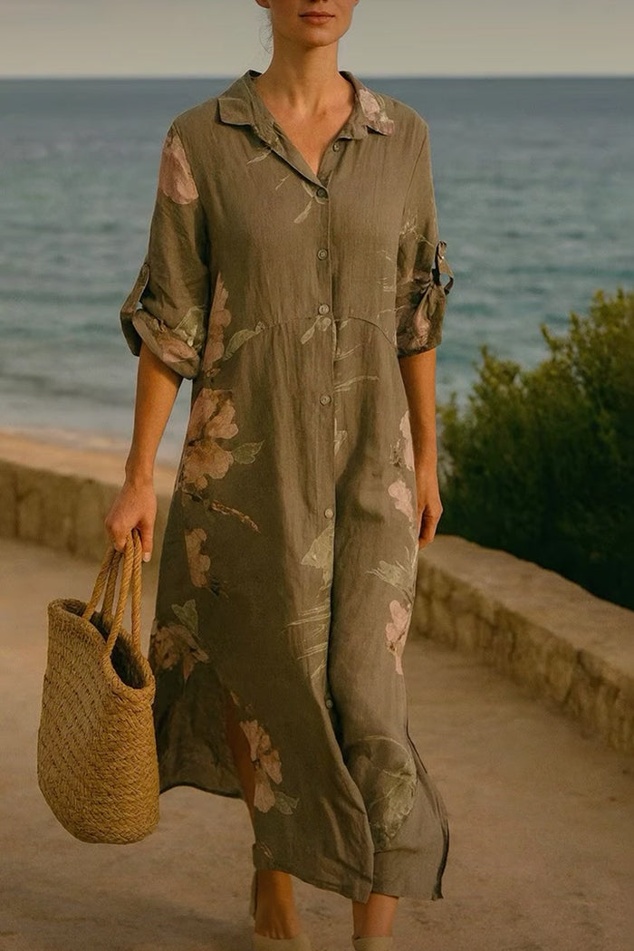 Linen Floral Button Down Maxi Dress