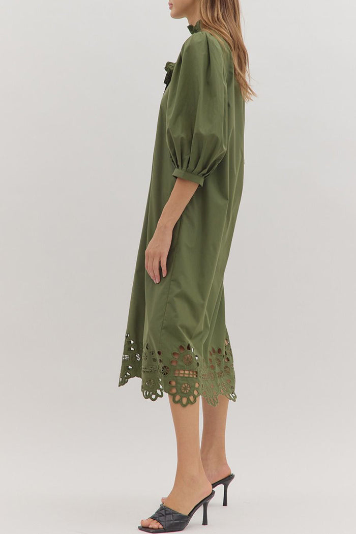 3/4 Puff Sleeve Scallop Hem Pocket Midi Dress