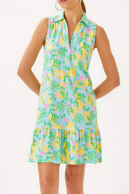 Lemon Floral Sleeveless Ruffle Dress