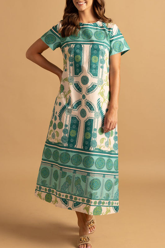 Short Sleeve Printed Pocket Midi Dress