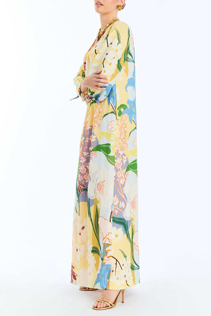 Tie-Cuff Puff Sleeve Floral Pocket Maxi Dress