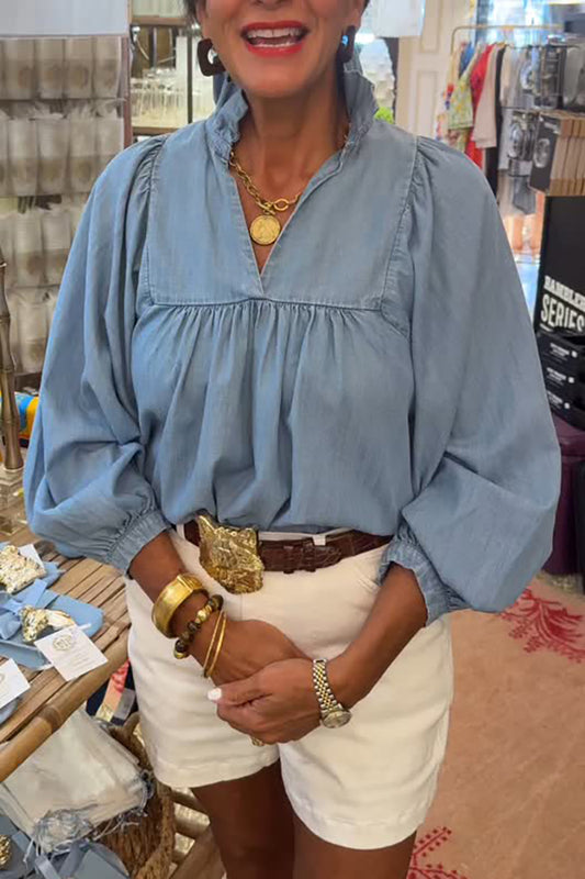 V-Neck Puff Sleeves Ruffled Blouse