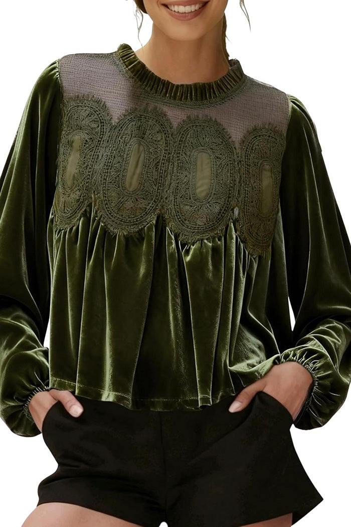 Velvet Trim Lace Puff Sleeve Top