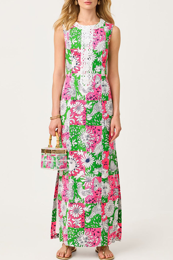 Crochet Trim Sleeveless Print Maxi Dress