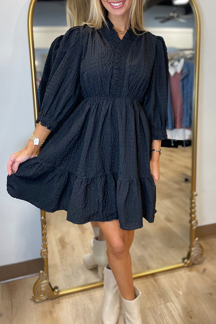 1/2 Sleeve Textured Ruffle Accent Dress