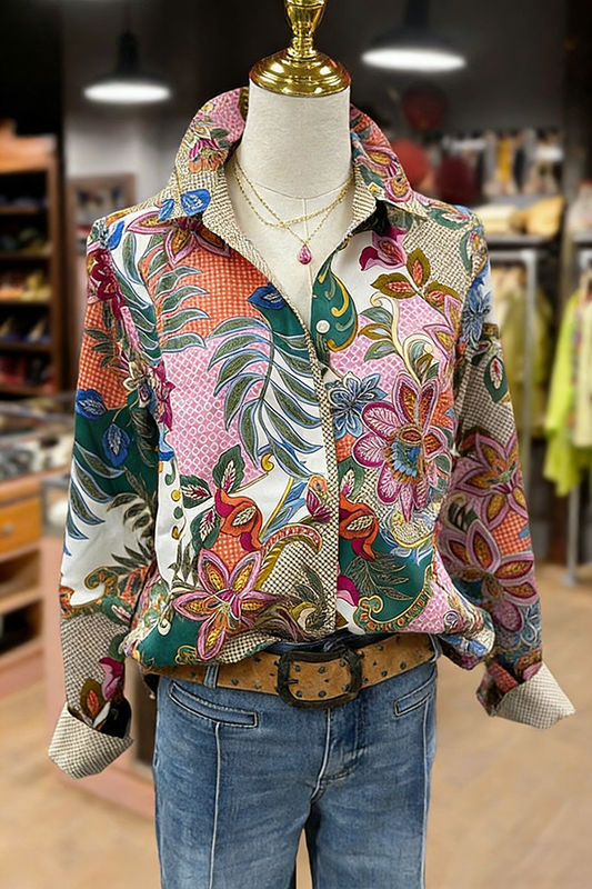 Multi Floral Print Collared Long Sleeve Top