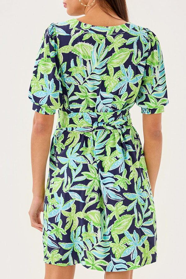 Leaf Patterned Belt Dress