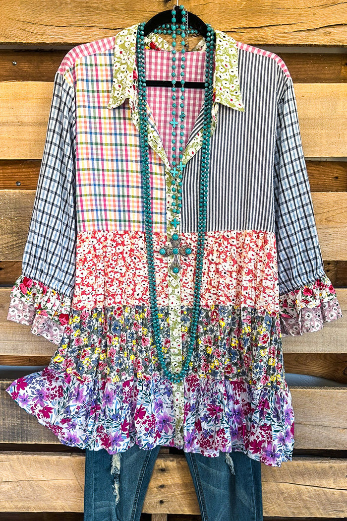 Mixed Print Patchwork Tiered Ruffle Tunic