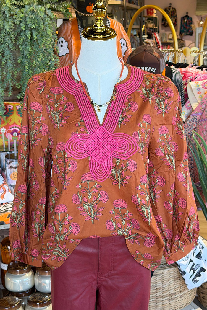 Puff Sleeve Contrast Embroidery Top