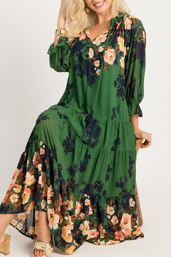 Elasticized Ruffle Collar Floral Dress