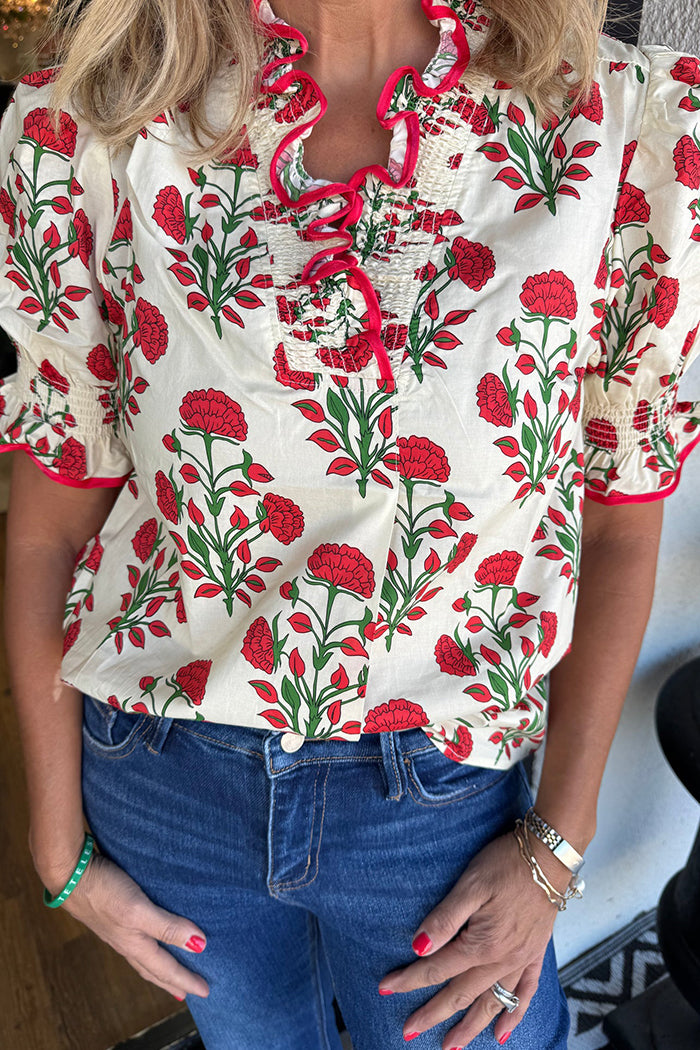 Floral Ruffle Collar Puff Sleeve Top