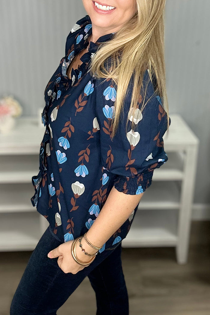 Flower Pattern Ruffle Front 3/4 Top