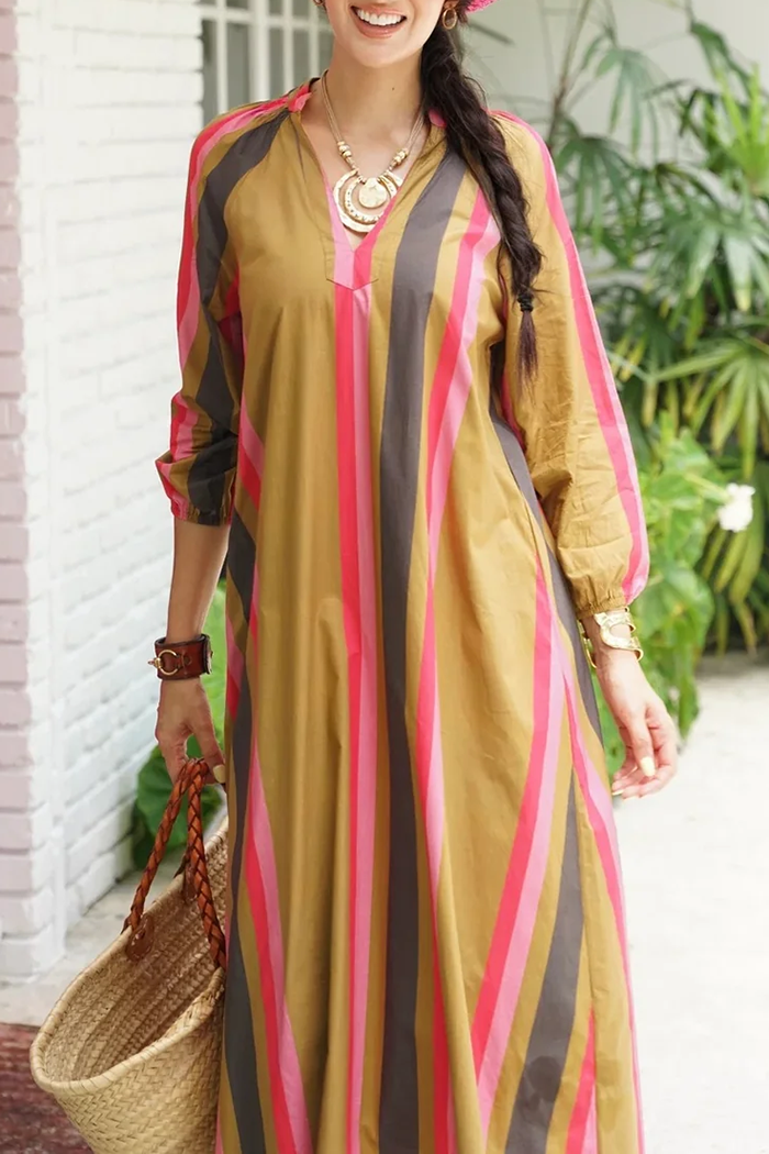 Ember Stripe Vertical 3/4 Sleeve Maxi Dress