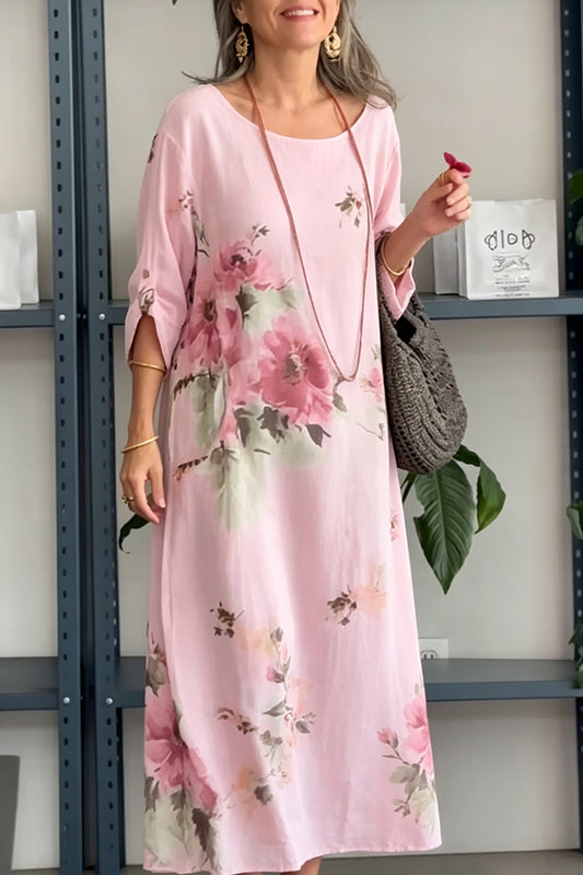 Pink Watercolor Floral Linen Cotton Maxi Dress