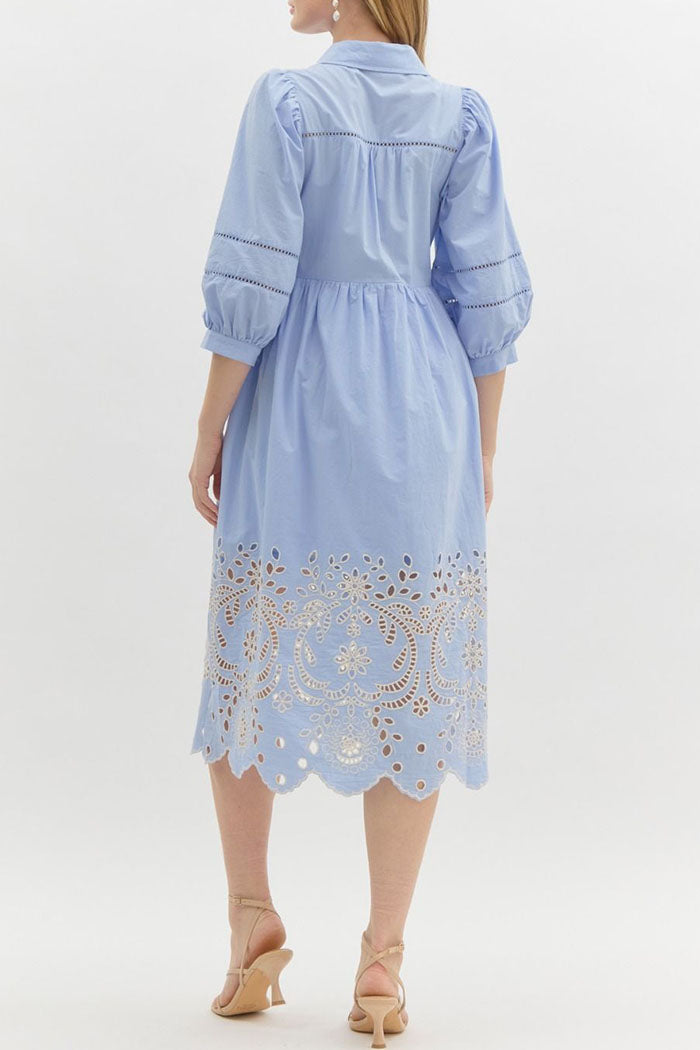 Puff Sleeve Hollow Embroidered Pocket Dress