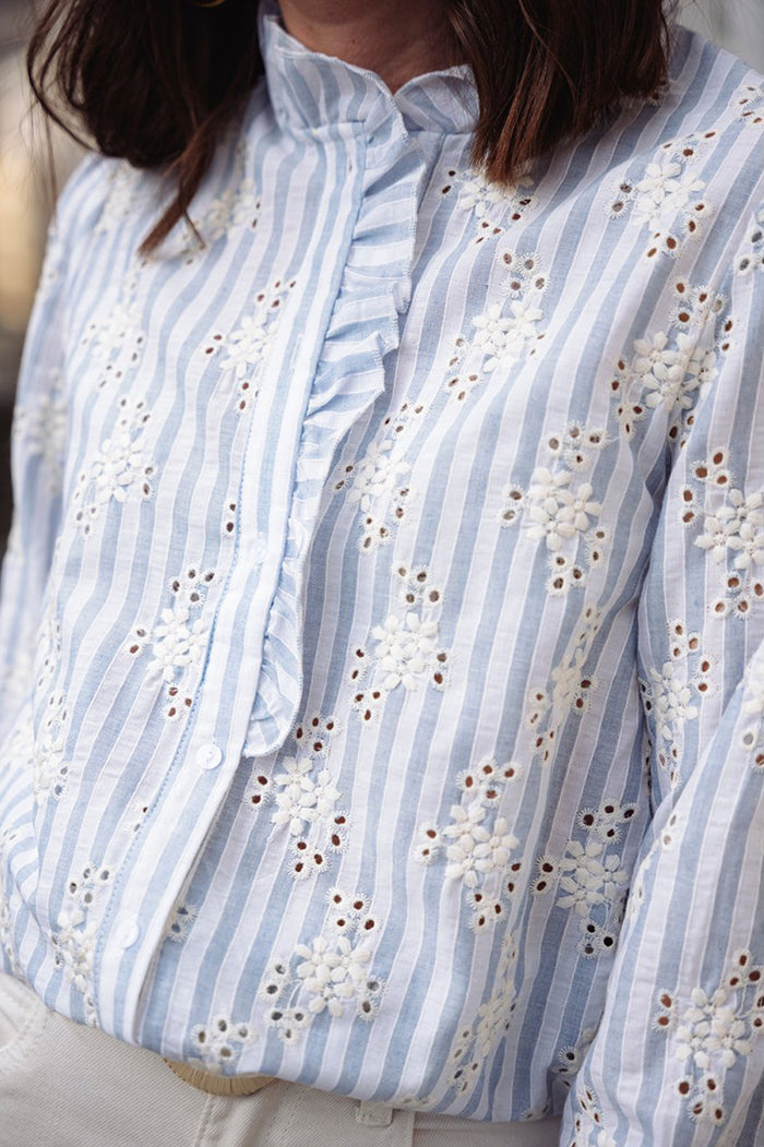 Ruffle Stand Collar Striped Top