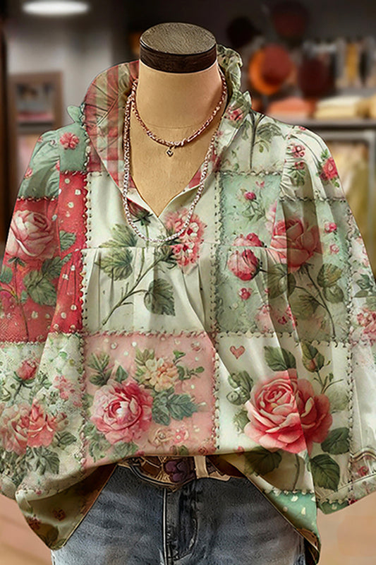 Floral Print Ruffled V-Neck Puff-Sleeve Blouse