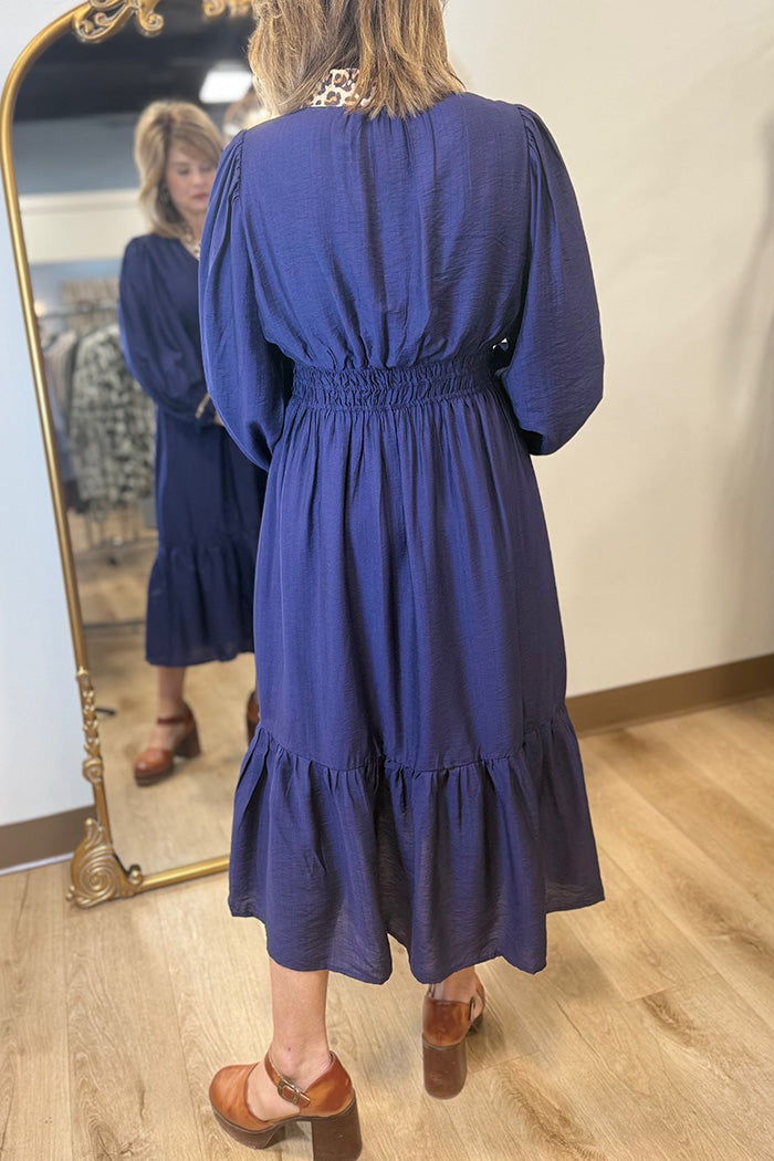 Leopard Trim Smocked Waist Midi Dress