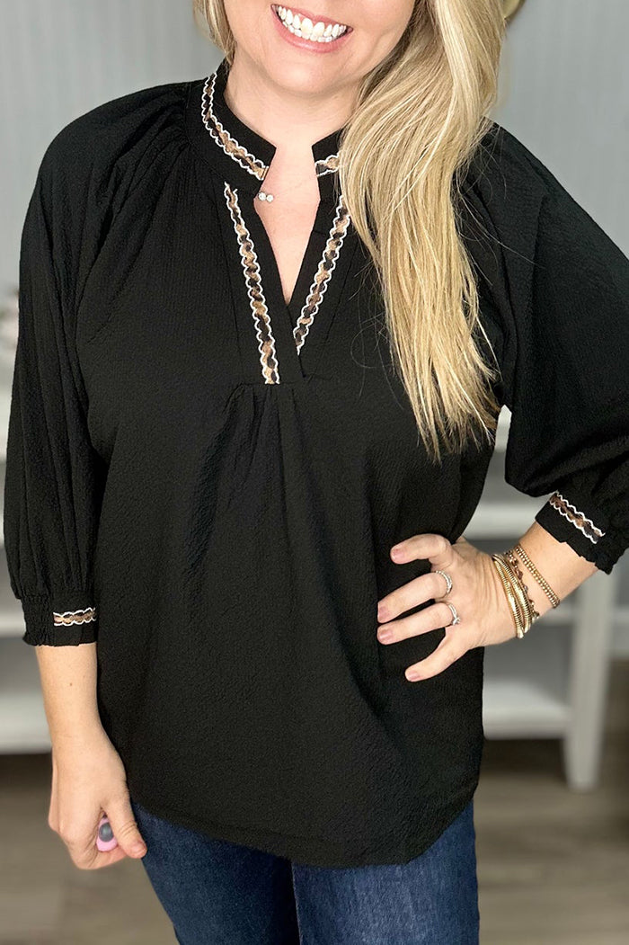 Leopard Trim V-Neck Top