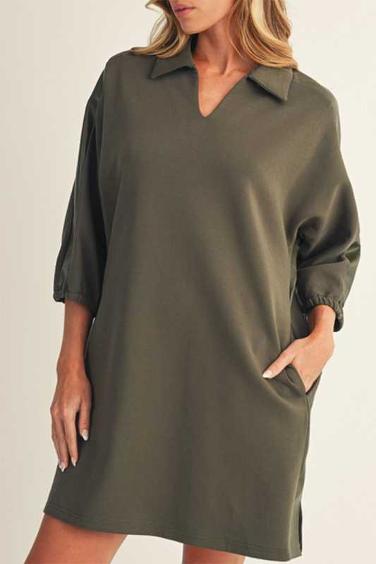 Leather Trimmed Pockets Collared Dress