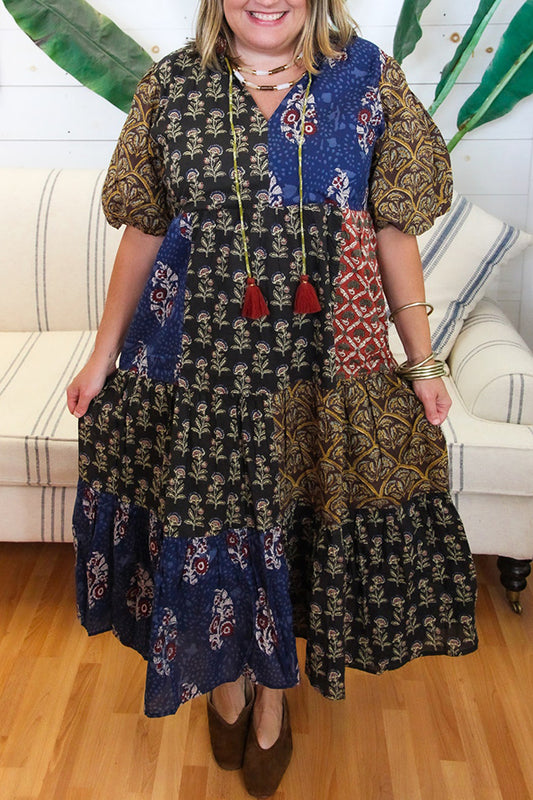 Puff Sleeve Block Tiered Dress