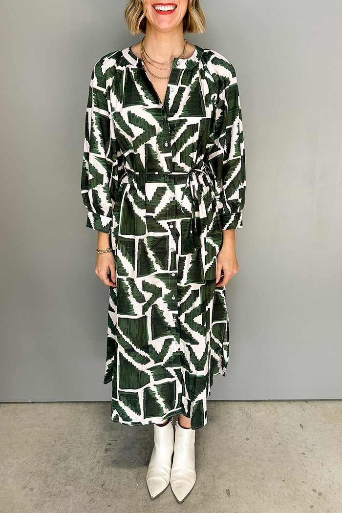 Geometric Print Button-Front Pocketed Maxi Dres