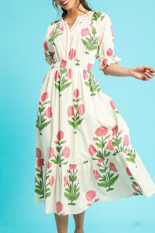 Ruffle Puff Sleeve Floral Waist Dress