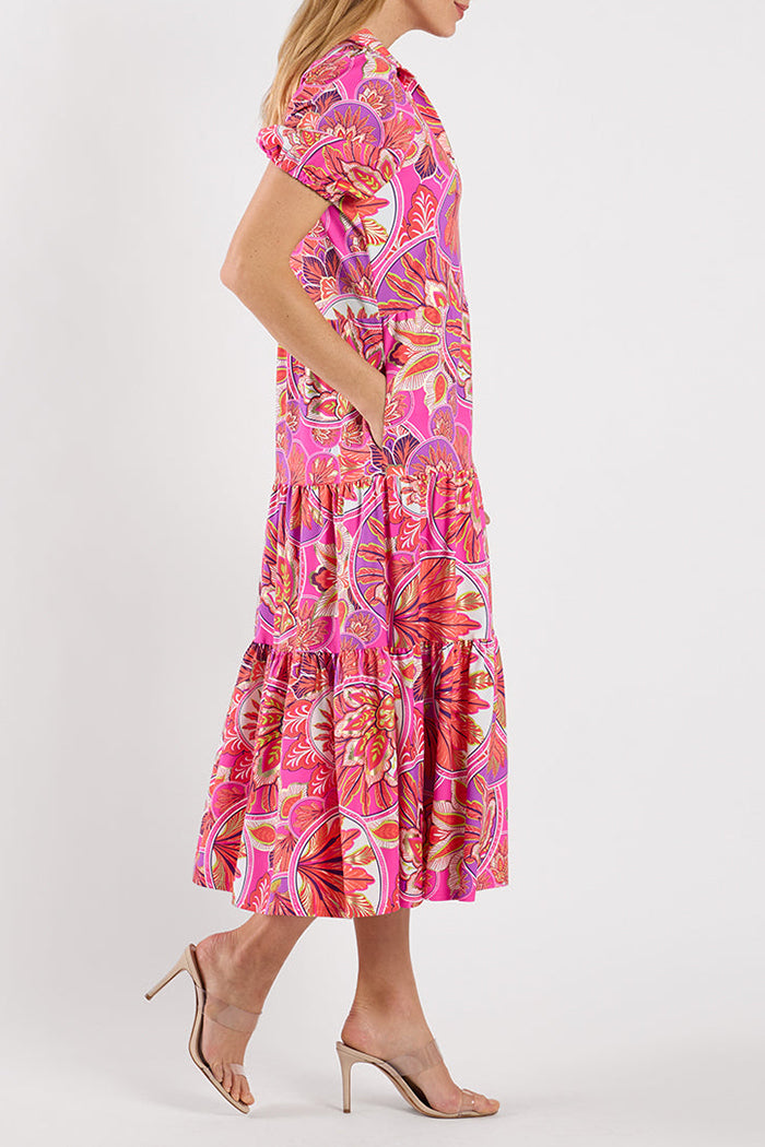 Feathered Floral Collared Puff Sleeve Tiered Midi Dress