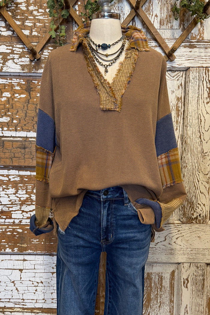 Camel Waffle Knit Patchwork Collared Top