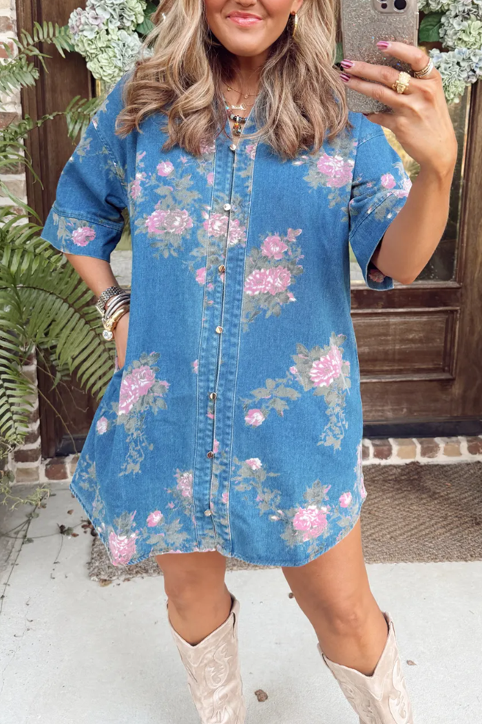 Denim Floral Print Shirt Dress