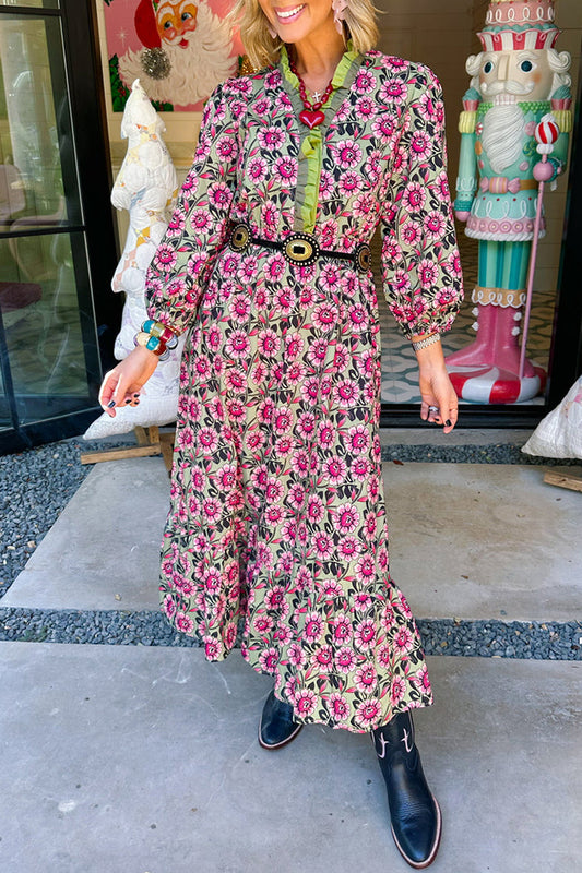 Casual Ruffle Trim Floral Midi Dress