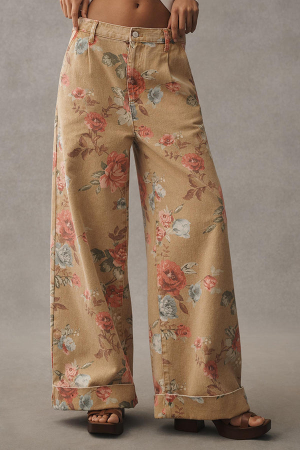 Floral Wide-Leg Cuffed Jeans