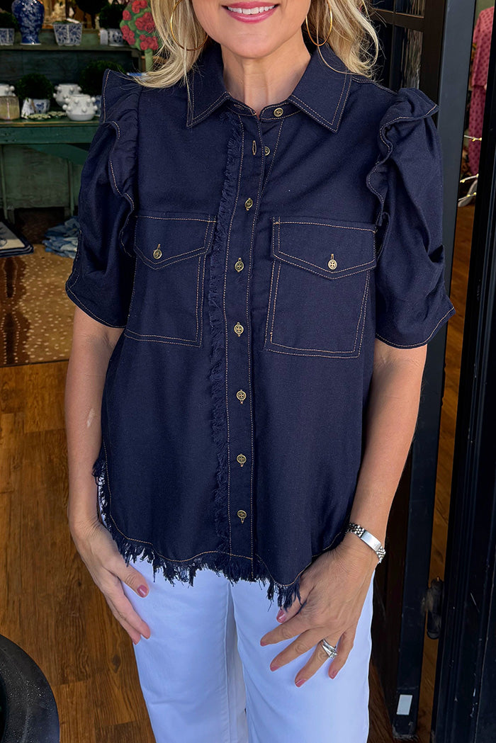 Ruffle Shoulder Pocket Shirt Top