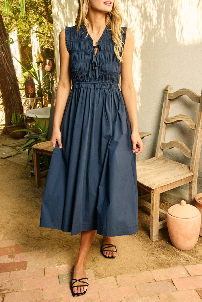 Front-Tie Smocking Pocket Midi Dress