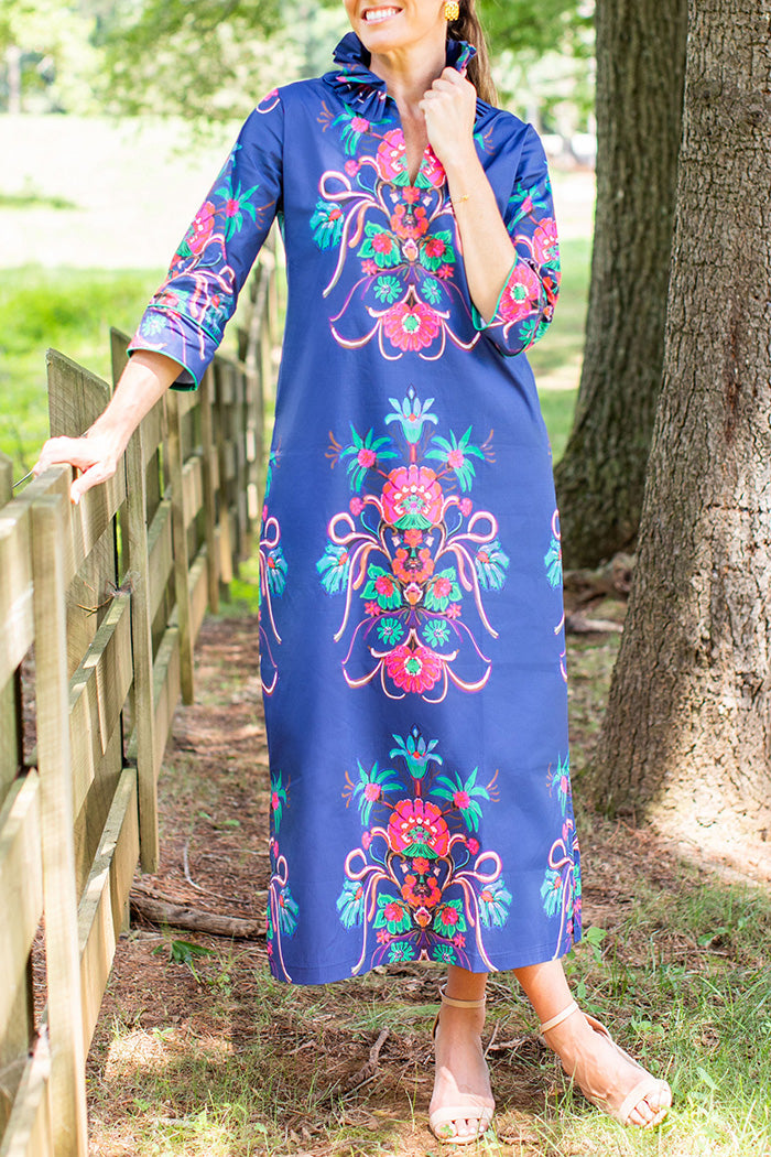 Ruffled Collar Pocketed Floral  Maxi Dress