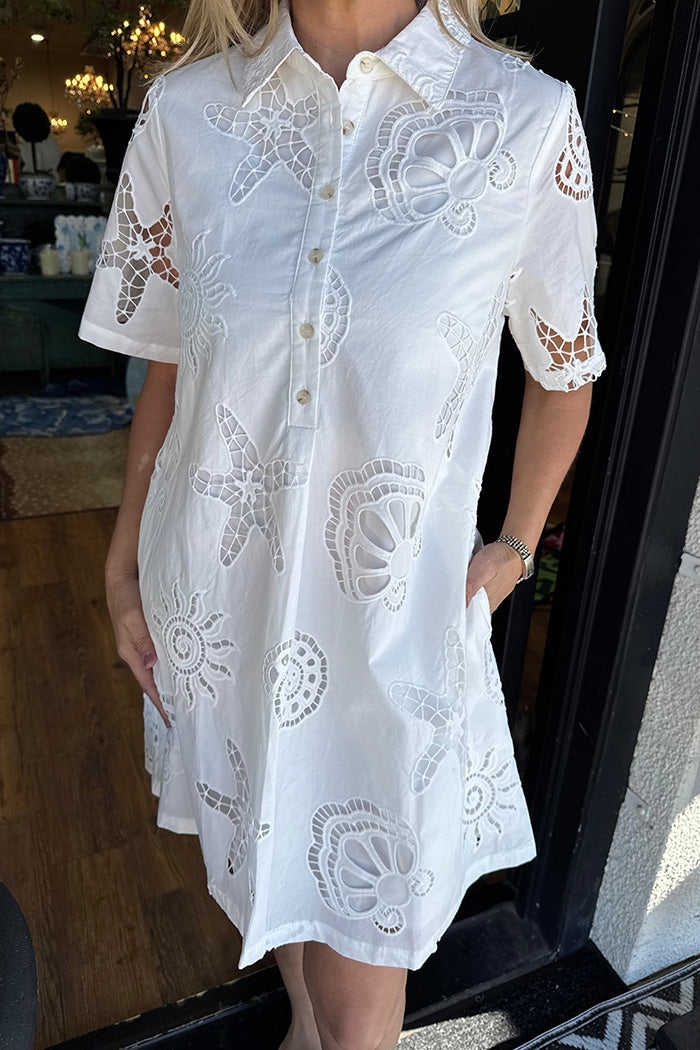 Seashell Eyelet Collared Pocketed Dress
