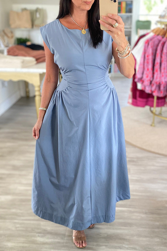 Ruched Waist Cap Sleeve Midi Dress