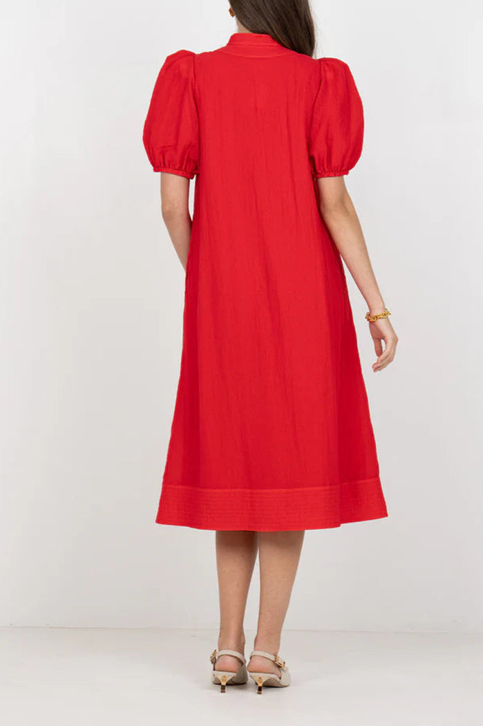 Red V-Neck Puff-Sleeve Pocket Dress